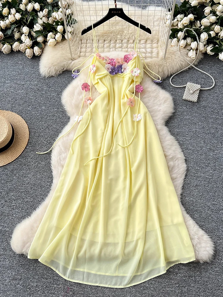 

Summer Holiday Floral Dress Women's Sleeveless Sweet Flower Print Suspender Chiffon Long Dresses Bohemain Beach Vestidos