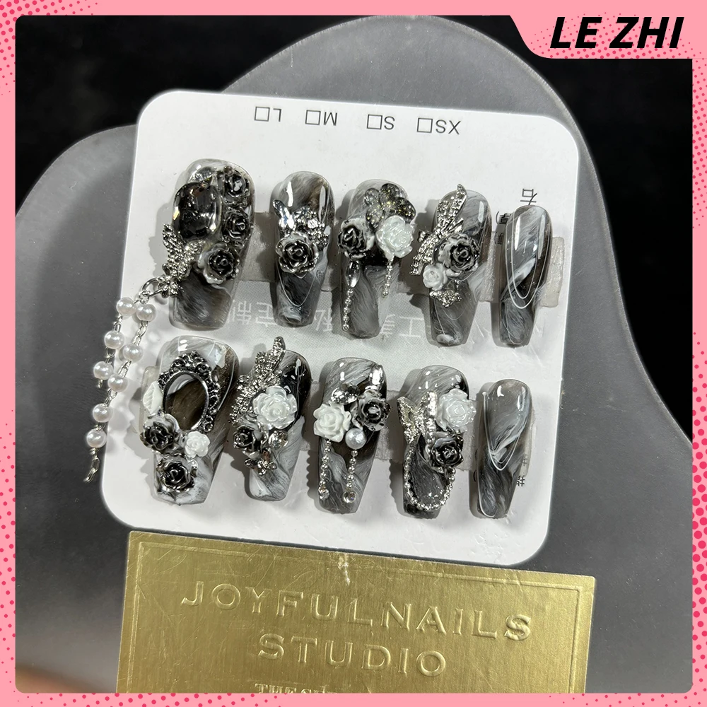 Handmade 3D Flower Nail Party Sticker Light Pink Lily Pearl Bowknot Press On Nail French Style Rhinestone Nail Party Sticker