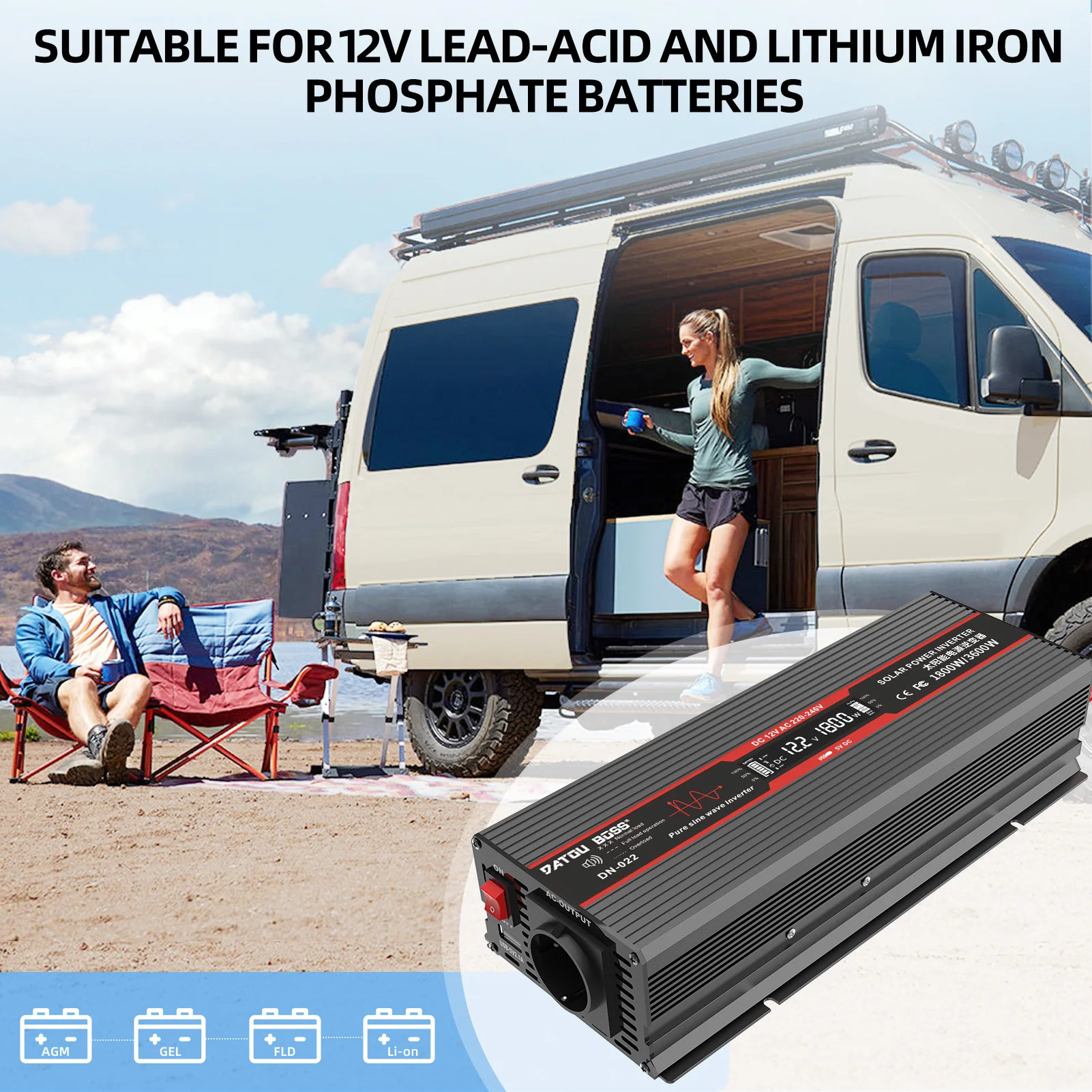 Convertitore a onda sinusoidale pura da 1800 W da 12 V a 220 V con porta USB integrata, terminale a filo rigido, display LCD, convertitore CA da 12 V CC a 230 V