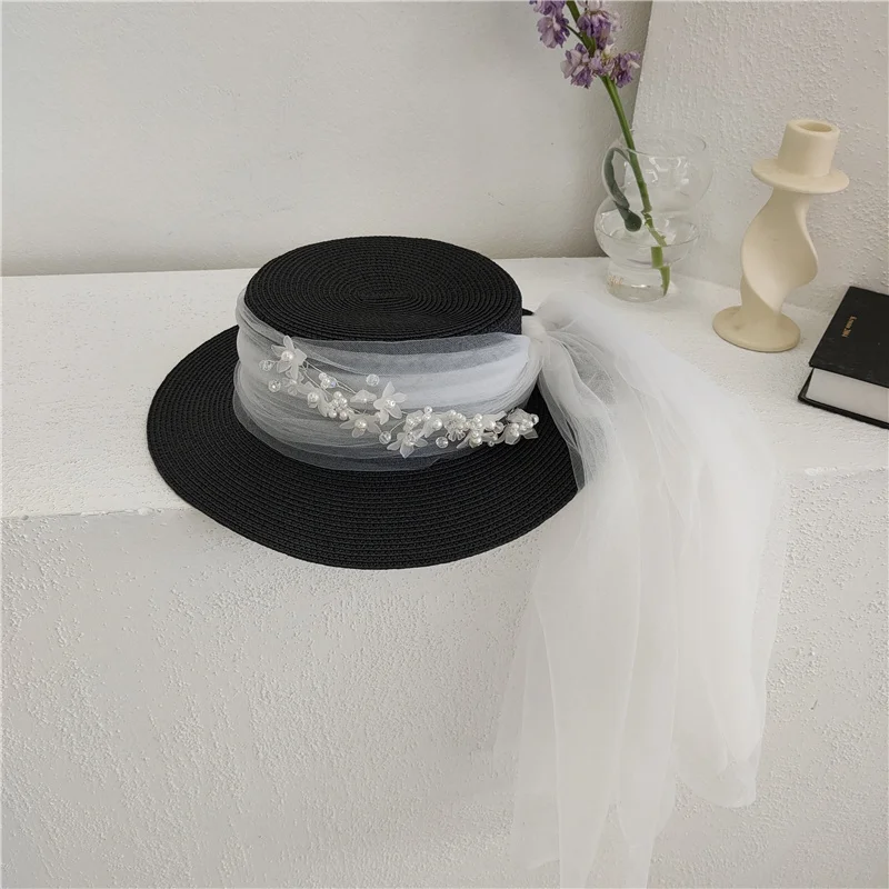 Whitney Black White French Lace Pearl Bead Flower Fairy Elegant Straw Hat Wedding Hat pamelas y tocados para bodas tiara novia