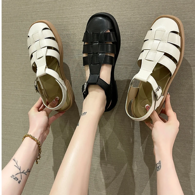 Women Summer Casual Soft Flat Sandals Leather Women Gladiator Sandals Slip on Ladies Thick Sole Beach Roman Zapatillas De Mujer