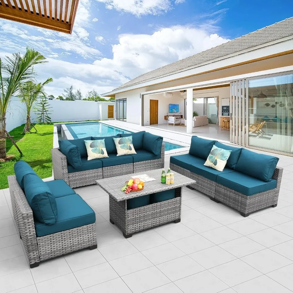 

Patio Furniture Sectional Sofa Set9Pieces Outdoor Wicker Furniture Couch Large-size Storage Table with Thicken5AntiSlip Peacock