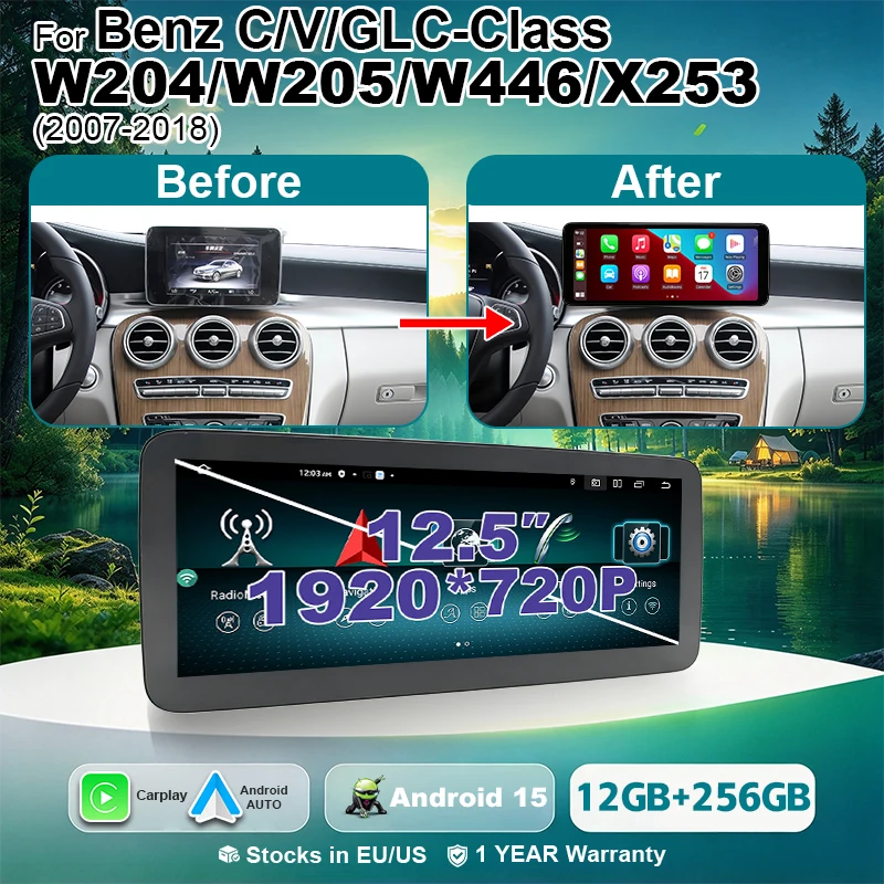 12.5“ Car Radio Android 15 Carplay For Mercedes Benz GLC/V/X C Class W204 S204 W205 X253 W446 2007-2018 NTG 4.0 4.5 5.0 Stereo 1920*720P Screen Bluetooth Multimedia Player
