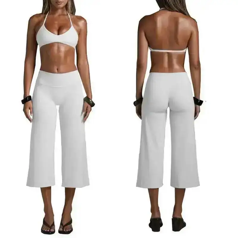 Women 2Pcs Yoga Outfit Set, Halter Neck Sports Bra + High Waist Wide Leg Capri Pants, Soft Stretch Multi Color Gym Yoga Daily We