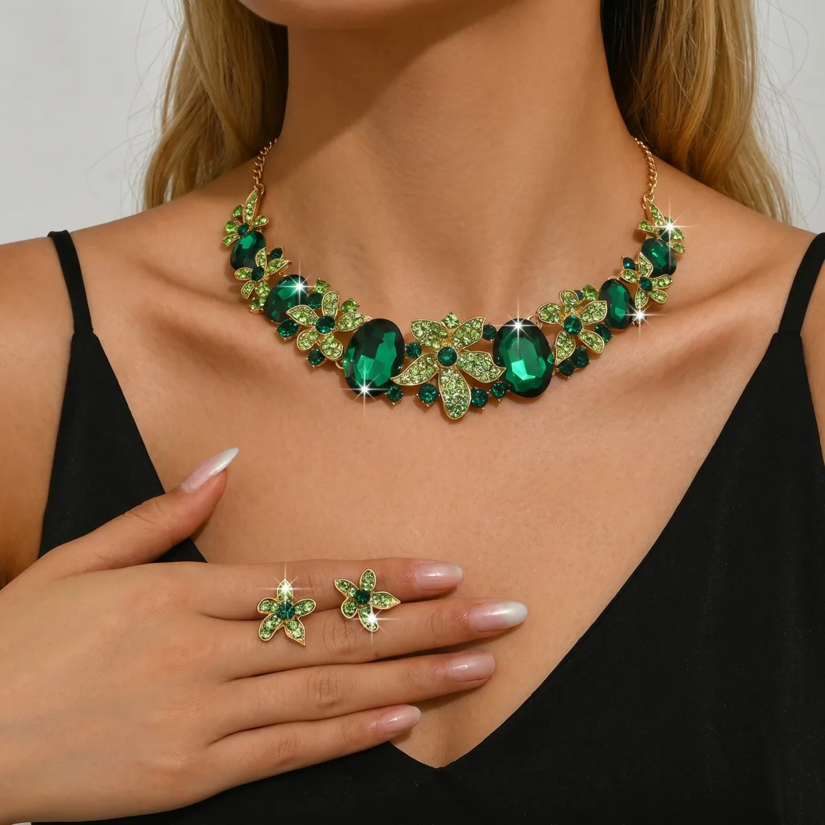 Heavy Industry Flower Leaf Necklace Earring Set for Women's Performance Dress Accessories Travel Photography Photo Set