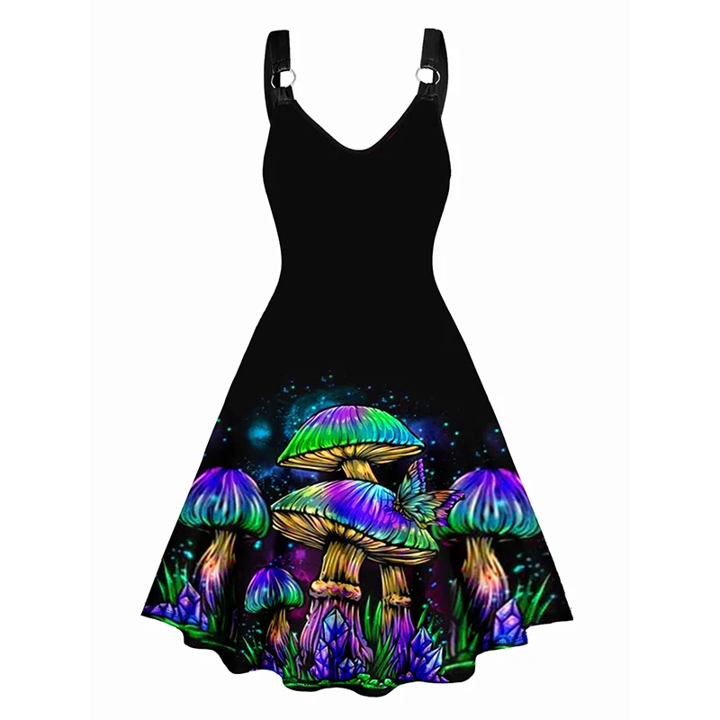 Women\'s Sexy Dresses Galaxy Colorful Mushroom Print V Neck Dress O Ring Straps Sleeveless A Line Tank Dress 2024 New