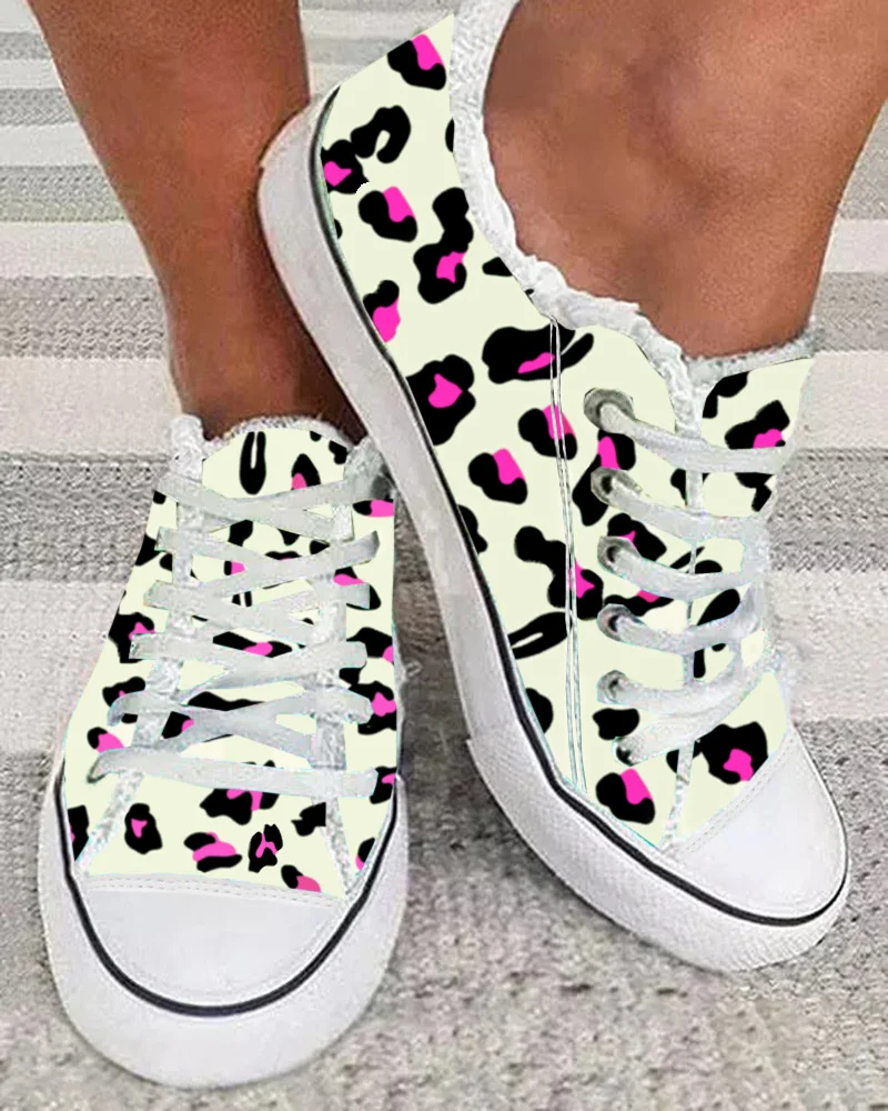 Women Fashion Flat Daily Wear Running Casual Shoes Leopard Print Raw Hem Lace-up Canvas Sneakers