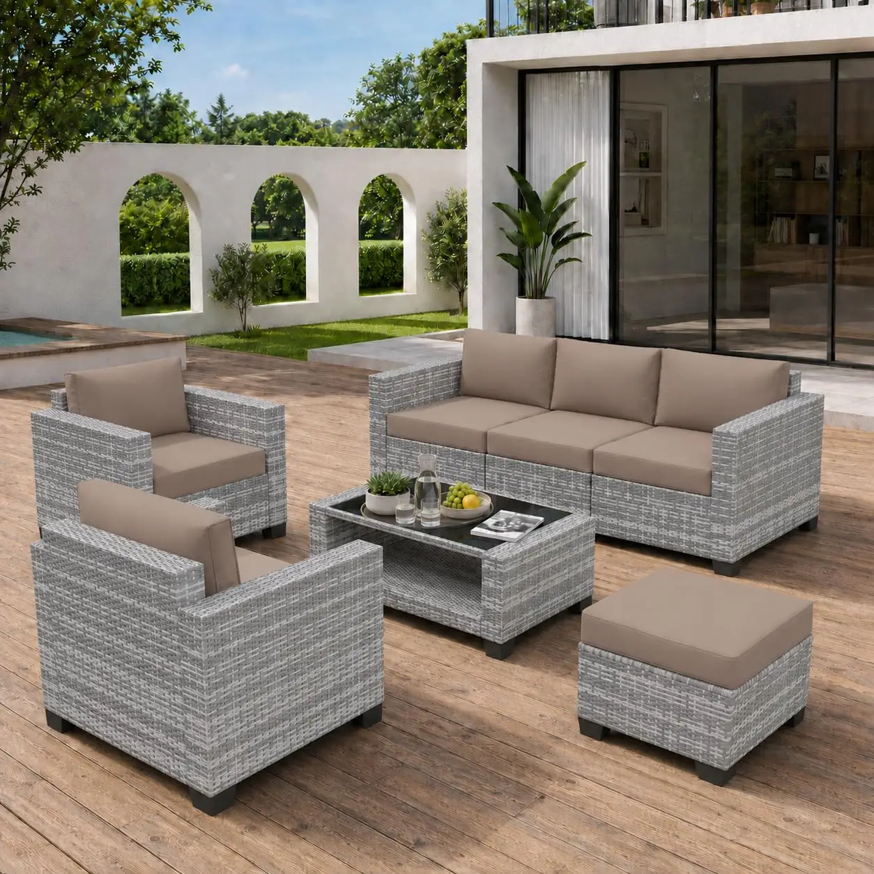 All-Weather PE Rattan Outdoor Sectional Sofa Set 7PCS with Cushion & Glass Coffee Table, Customized