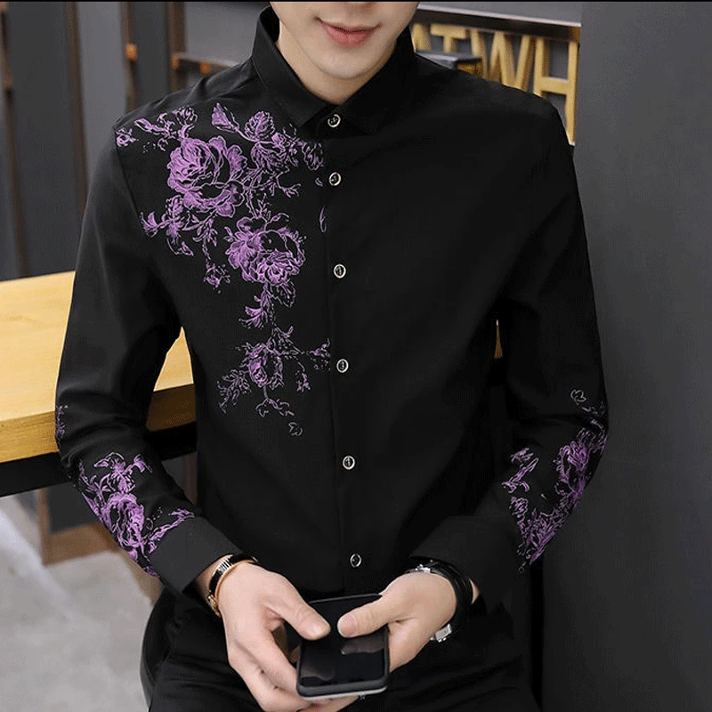 Spring Business Casual Long-sleeved Polo Collar Men\'s Shirt Button Floral Printing Korean Fashion Slimming Fashion Commute Tops