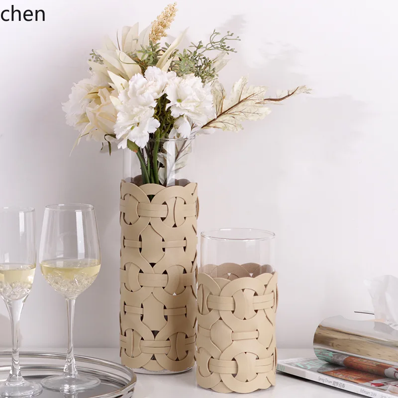 CZ straight glass vase with a high-end feel, woven leather large-diameter flower holder, decorative piece for living room
