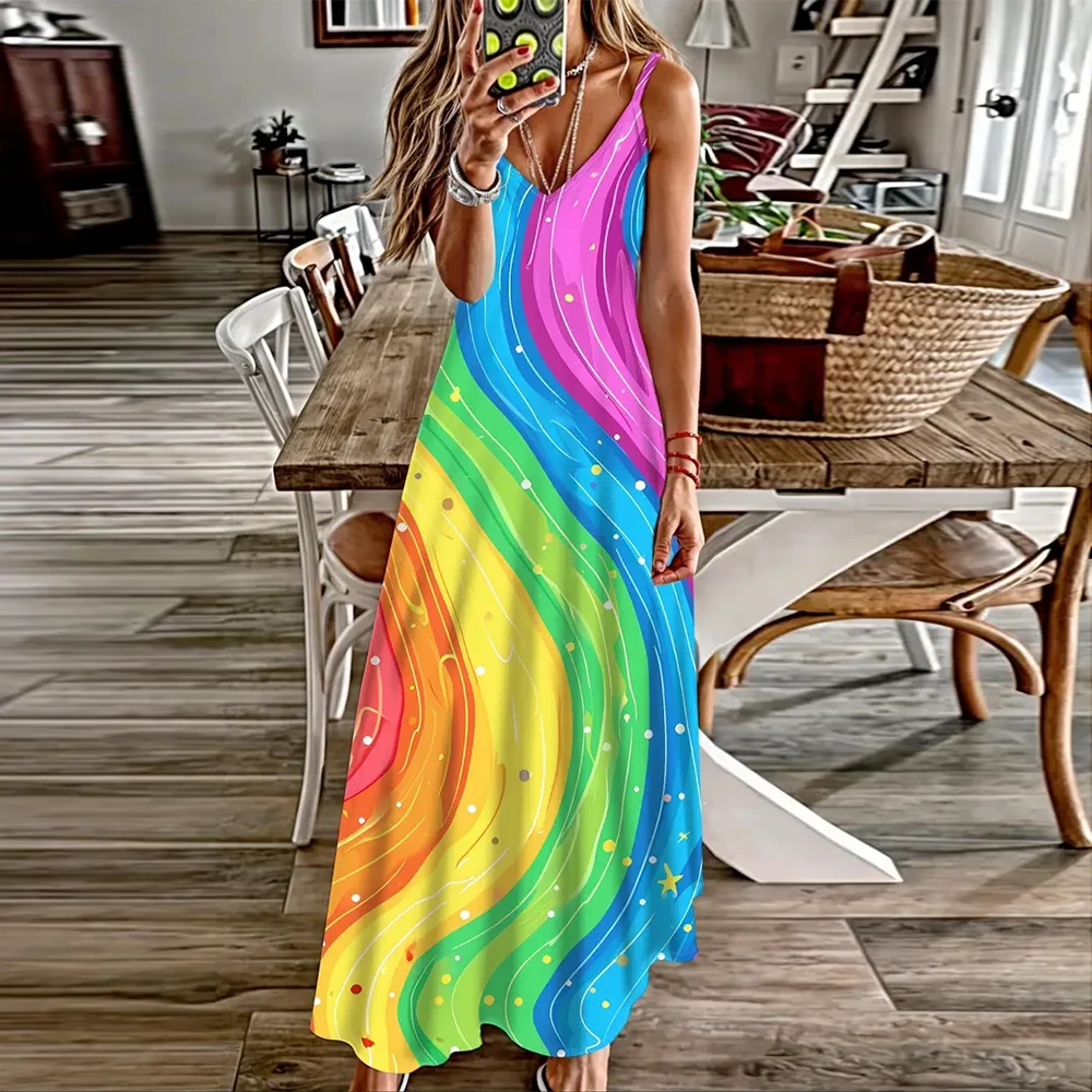 

Fashionable Rainbow 3d Printed V-neck Long Dress Elegant Sleeveless Vest Evening Dress Spaghetti Strap Suspender Skirts Summer