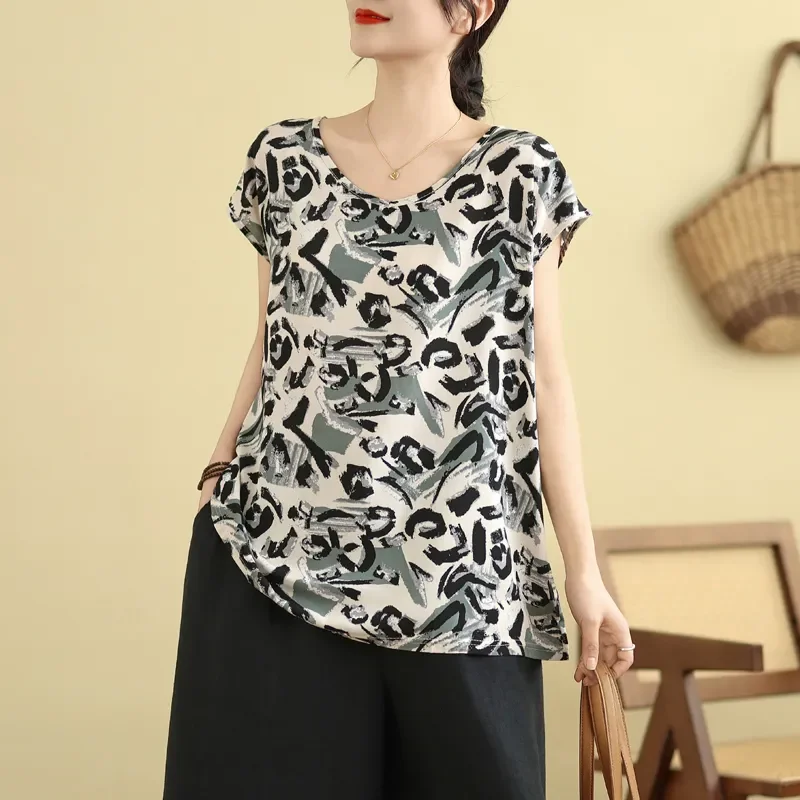 T-shirt ample à manches courtes pour femmes, couleur unie/imprimé abstrait, haut quotidien décontracté