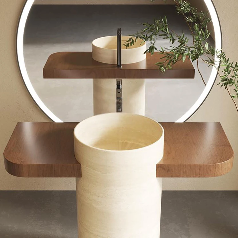 oc-Mid-Century T-Shaped Vanity, Vintage Travertine Floor-Standing Bathroom Cabinet, Stain Resistant & Durable, Customizable-