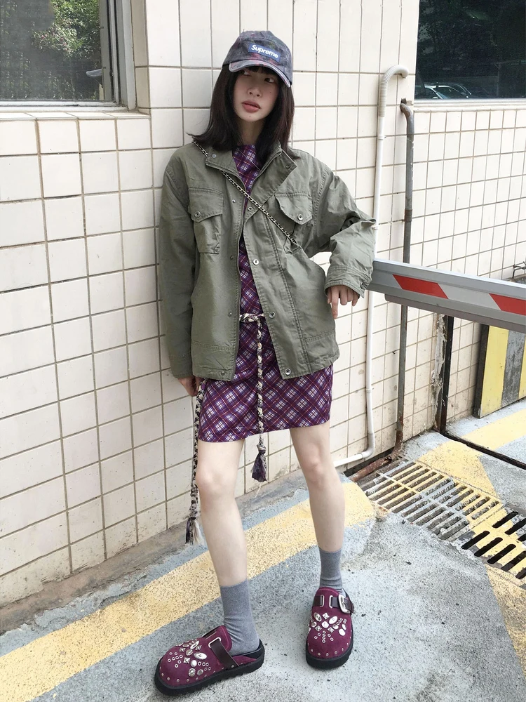 Retro American Military Green Workwear Style Women's Jacket Autumn Turn-down Collar Loose Pilot Jacket High-end Baseball Uniform
