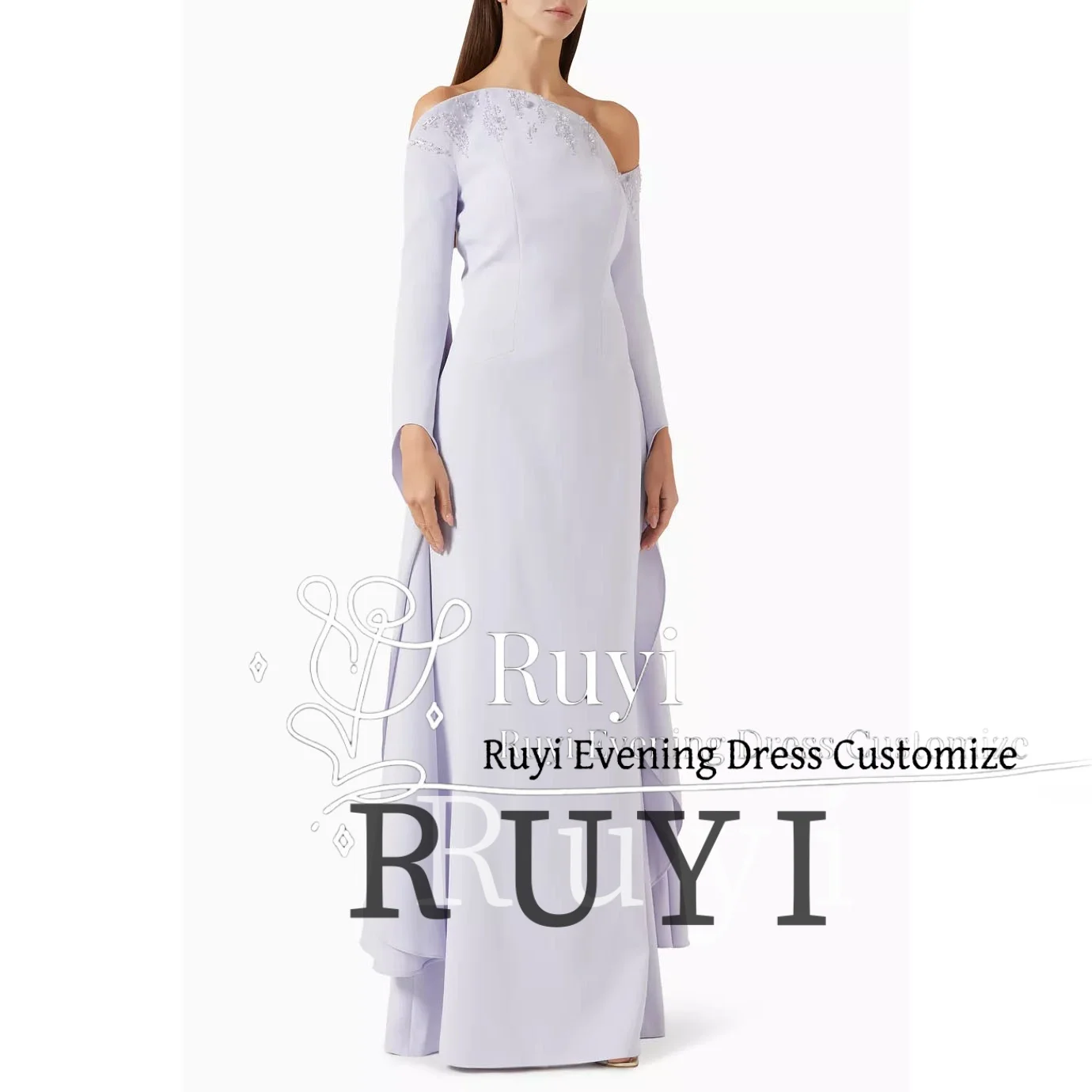 

Customized Asymmetrical Long Sleeves Lilac Evening Dresses for Wedding Guest Beaded Formal Party Gown Plus Size