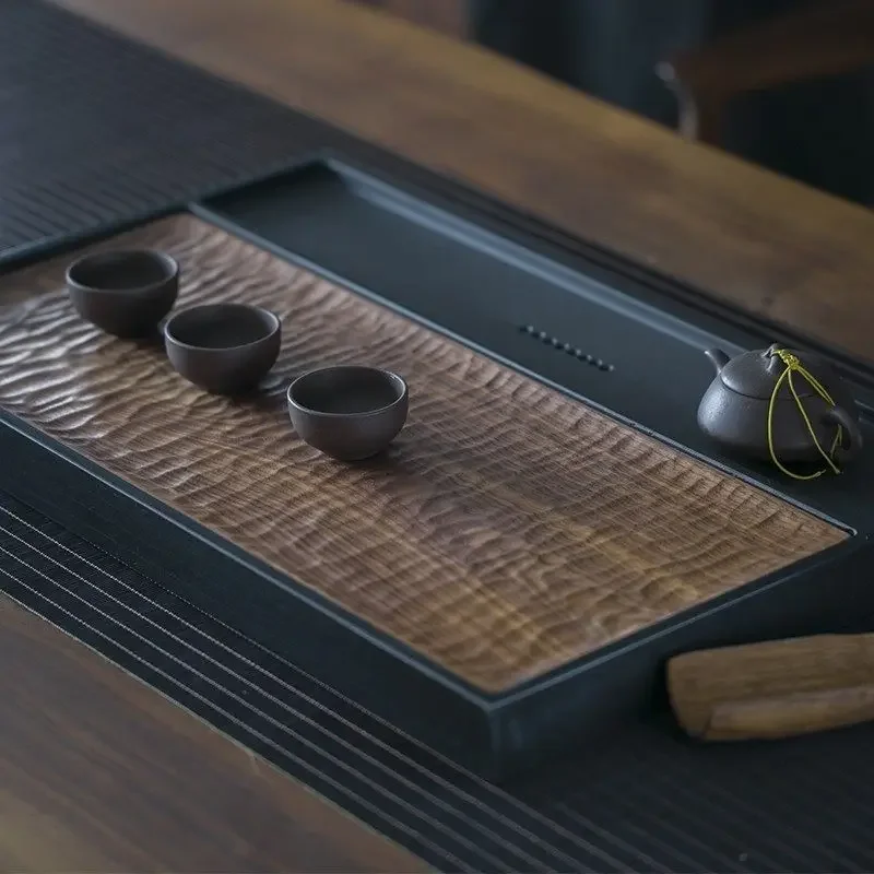 Black walnut solid wood natural whole black stone tea tray, dry and wet tea making table, high-end household tea set