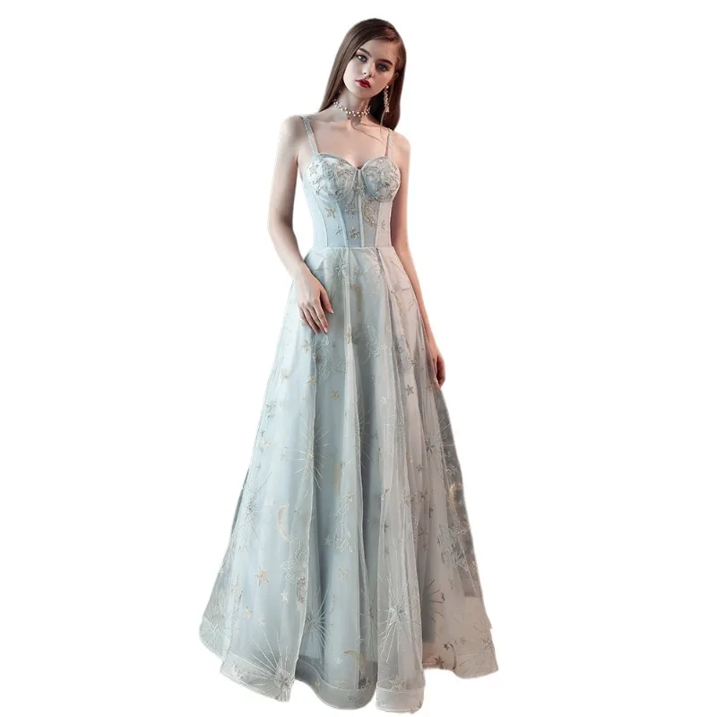 2025 New Banquet Style Strap Embroidered Dress Fashionable Slimming Celebrity Bridesmaid Dress Long Slimming One Shoulder Dress