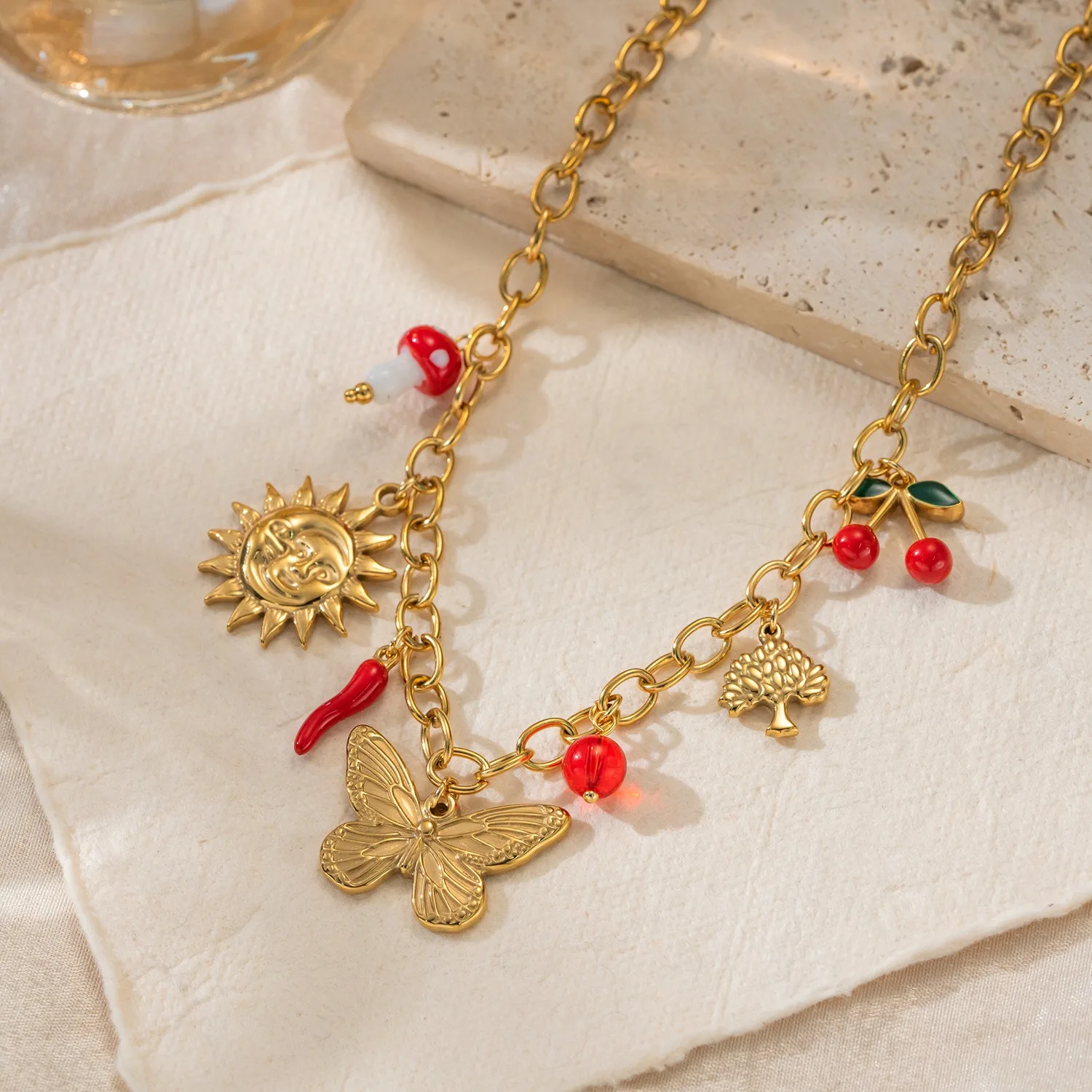 

18k Gold Plated Stainless Steel Luxury Butterfly Tree Sun Red Dripping Oil Cherry Pendant Necklace Lady Waterproof Charm Jewelry