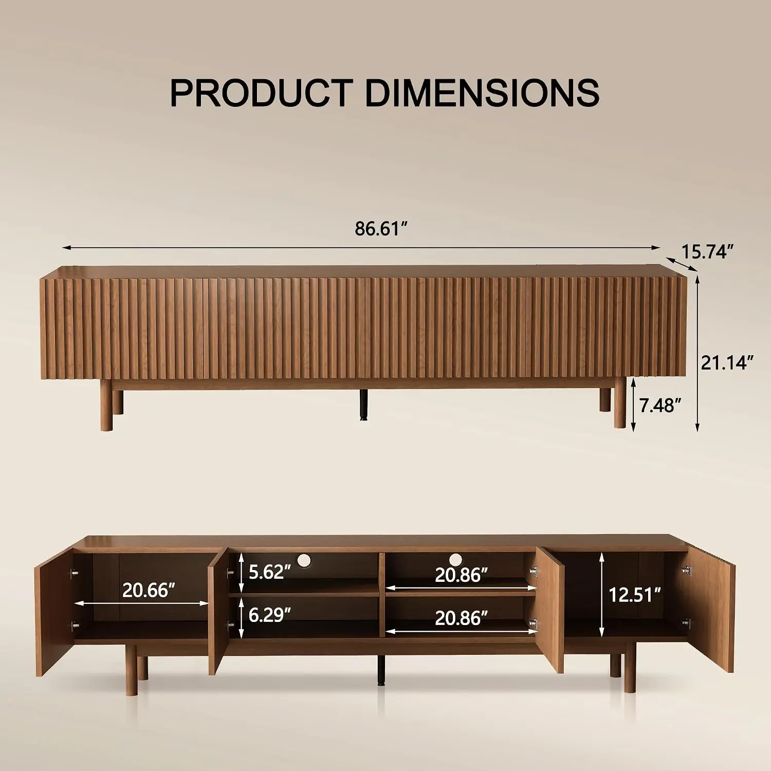 Fluted Walnut TV Stand 85 Inch TV 4 Door Storage Media Console Living Room, Customized
