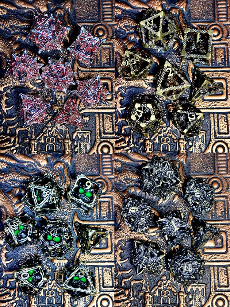 Juego de dados de metal DnD: dados de aleación de zinc de 7 piezas con patrón de calavera, bronce antiguo, para mazmorras y dragones, juegos de mesa RPG