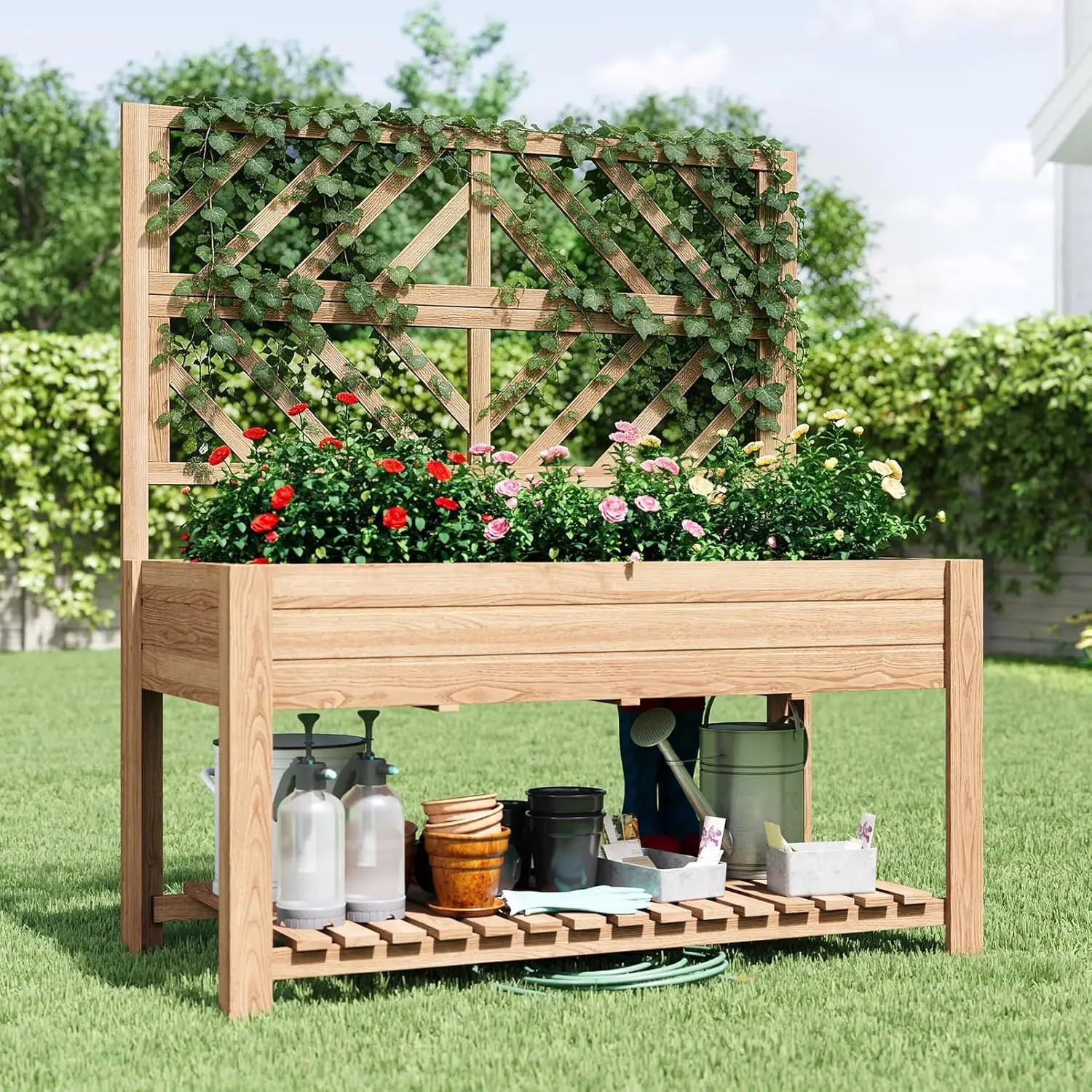 Wooden Elevated Raised Garden Bed with Trellis,47x24x55 in Planter Box with Legs and Storage Shelf,FreeStanding Gardening Plante