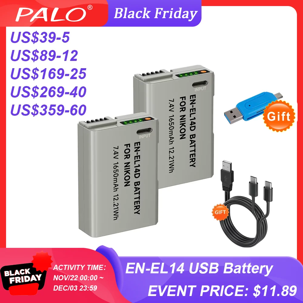 PALO EN-EL14 EN-EL14a ENEL14 EN EL14 EL14a Battery With TYPE-C USB Inport for Nikon D3100 D3200 D3300 D5100 D5200 D5300 P700