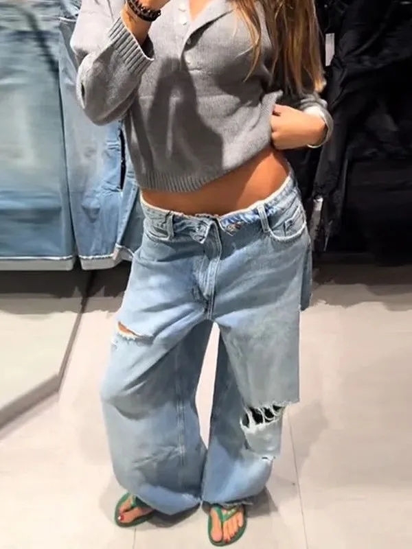 Pure Color mid Waist Cuffed Ripped Straight Leg Jeans Casual High Waist Zipper Pocket Polyester Fiber Non Stretchable