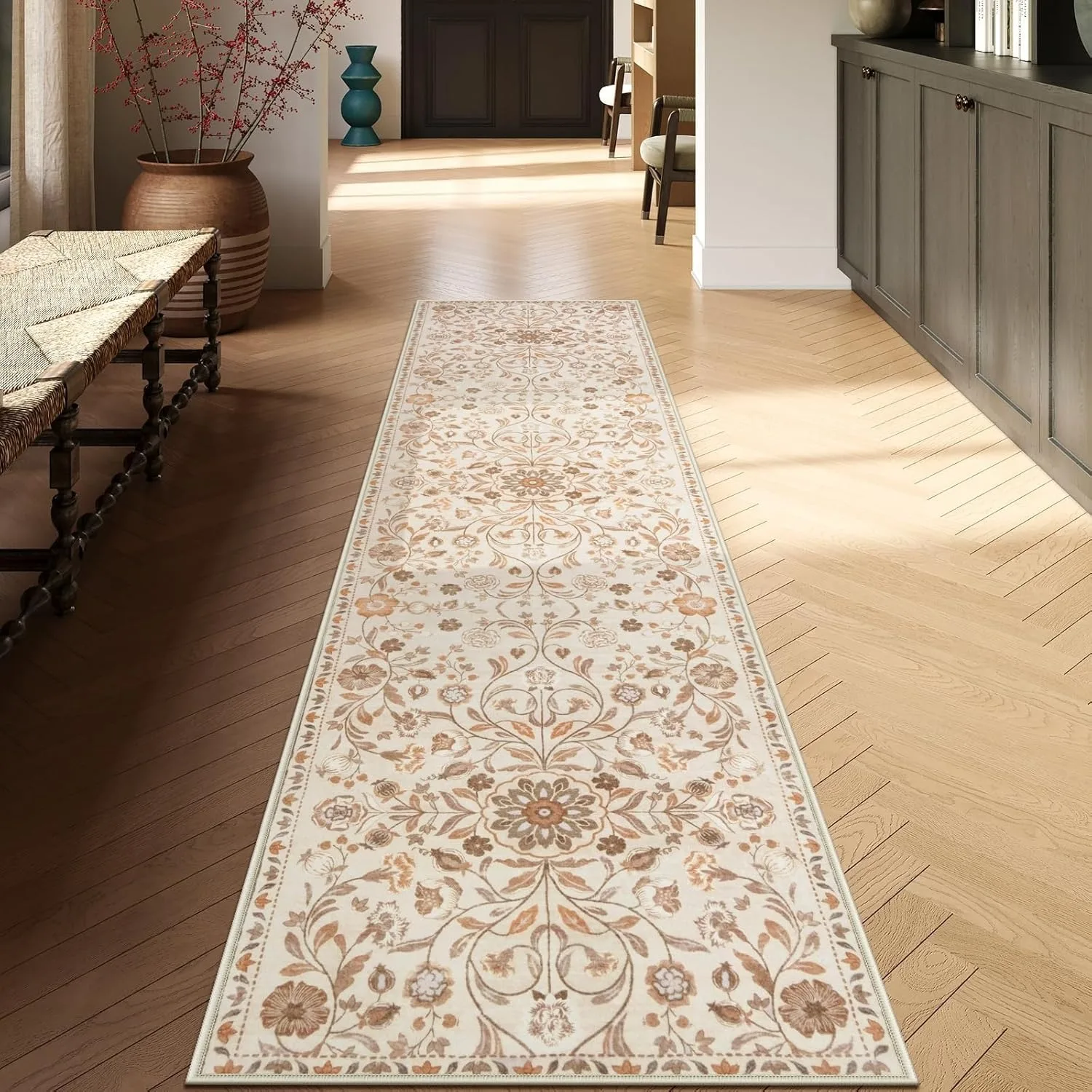 

Hallway Runner rug Kitchen Carpet Non-slip Bohemian Washable Floral mat Soft Low Pile Entrance Floor Mat Laundry Room Bath Mats