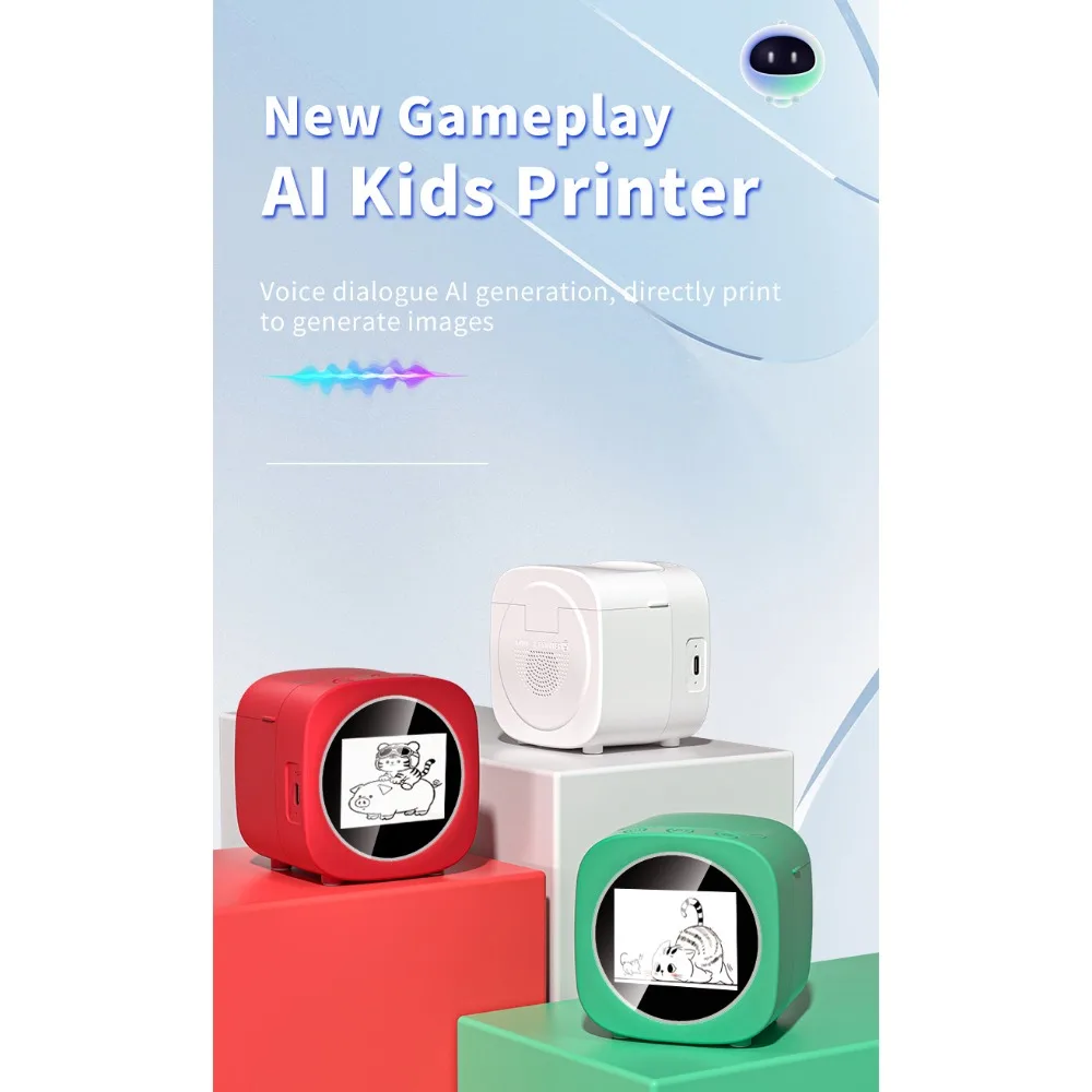 2.4 Inch Mini Thermal Printer Portable Inkless Photo Label Maker AI Smart Device Educational Gift for Kids Students Home