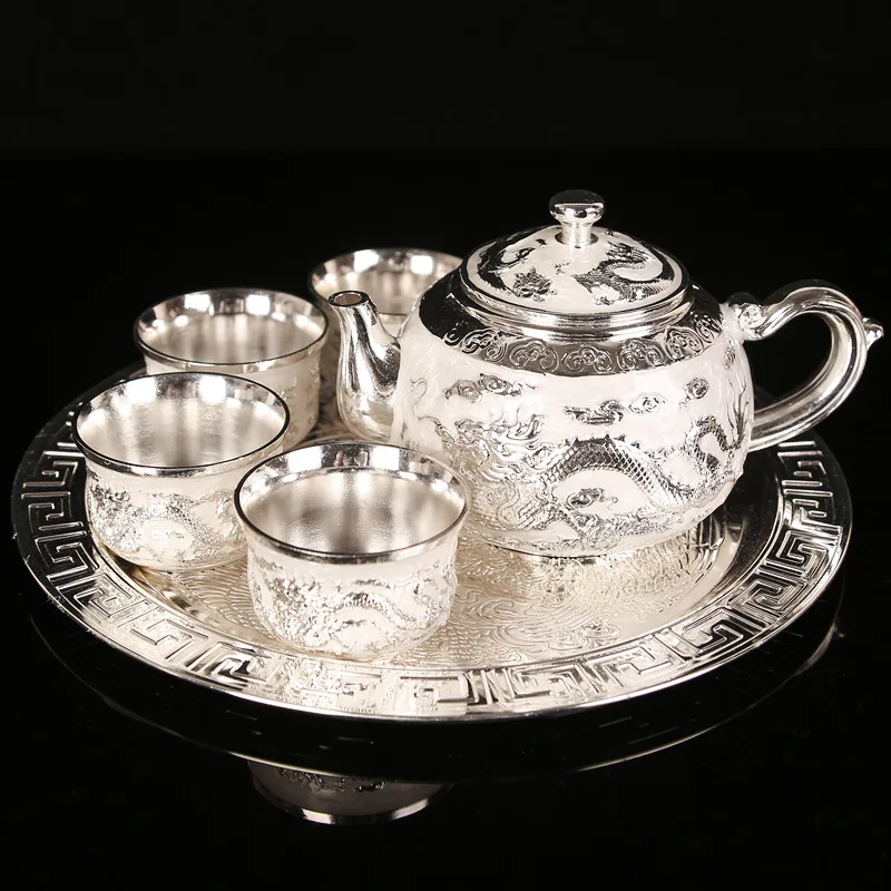 Dragon and Phoenix999Sterling Silver Tea Set Suit Pure Silver Wine Set1Disk1Pot4Cup Chinese Style Leather Box Suit Teapot Gift