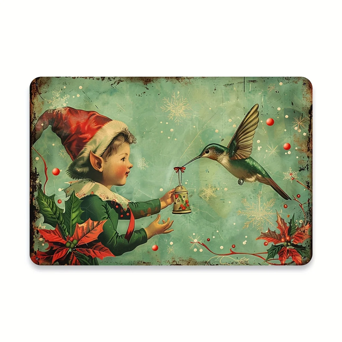 Vintage Christmas Elf & Hummingbird Metal Tin Sign - Festive Wall Art for Home, Gym, Cafe, Garage & Garden Decor, Durable Iron,