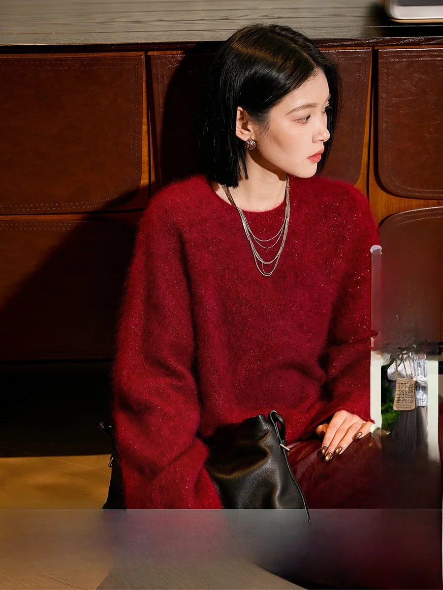 

Xiao Han New Year Heavyweight Fce Camere Women's Red Sparkling Knitted Top Soft Long Sve round Ne Warm Casual Wear