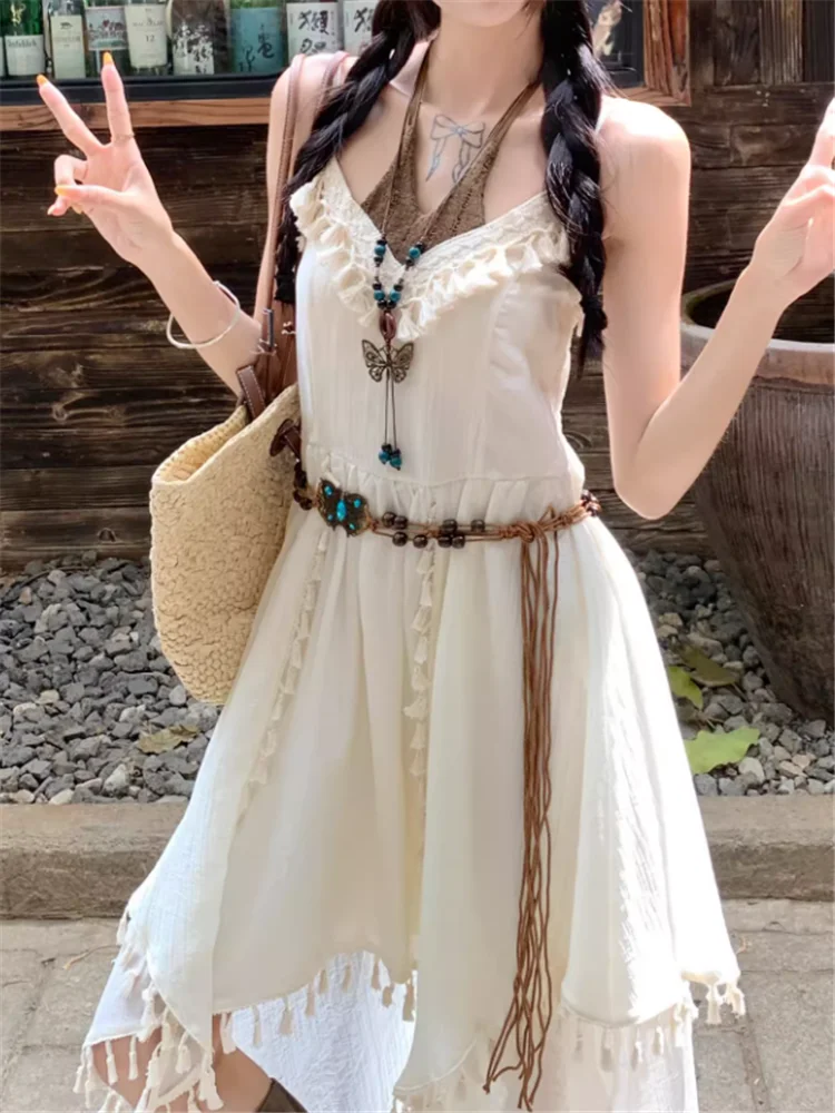 الغجر موضة البوهيمي شرابة غير النظامية عطلة زلة فستان الصيف عطلة الرسن الخامس الرقبة بلا أكمام الحمالات حزام ألف خط فستان