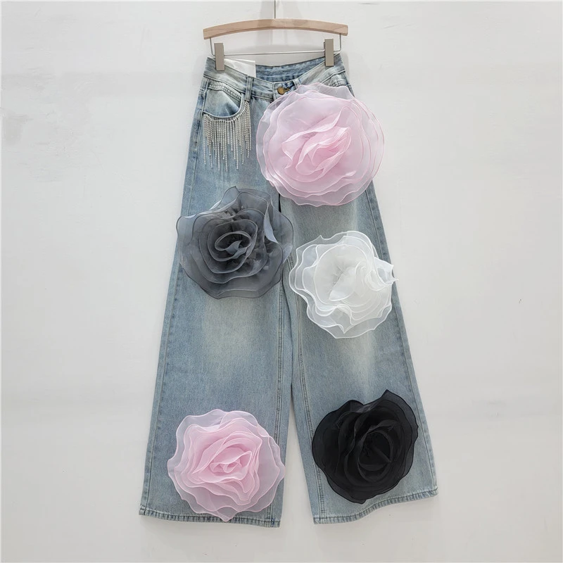 American Style Three-Dimensional Flower High Waist Jeans Women's New All-Match Hip Covering Slimming Straight Wide Leg Pants