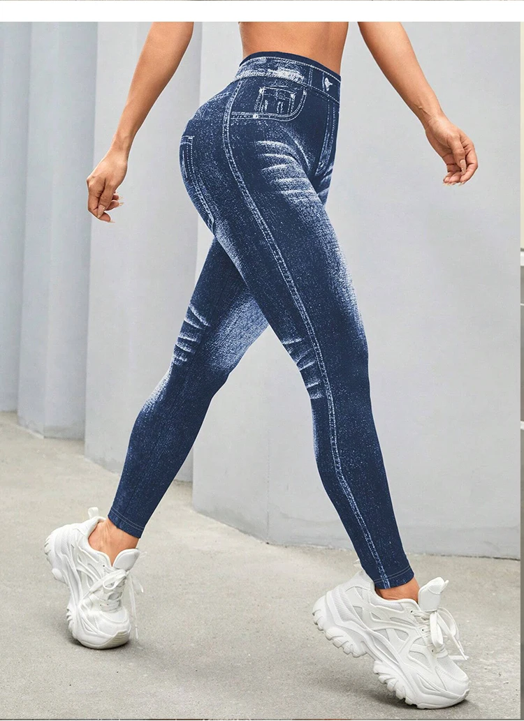 Frühling Damen Sport Yoga Leggings Faux Jeans Hohe Taille Po-Lifting Gym Skinny Freizeithose Elastische Laufhose für Draußen – Detail 3