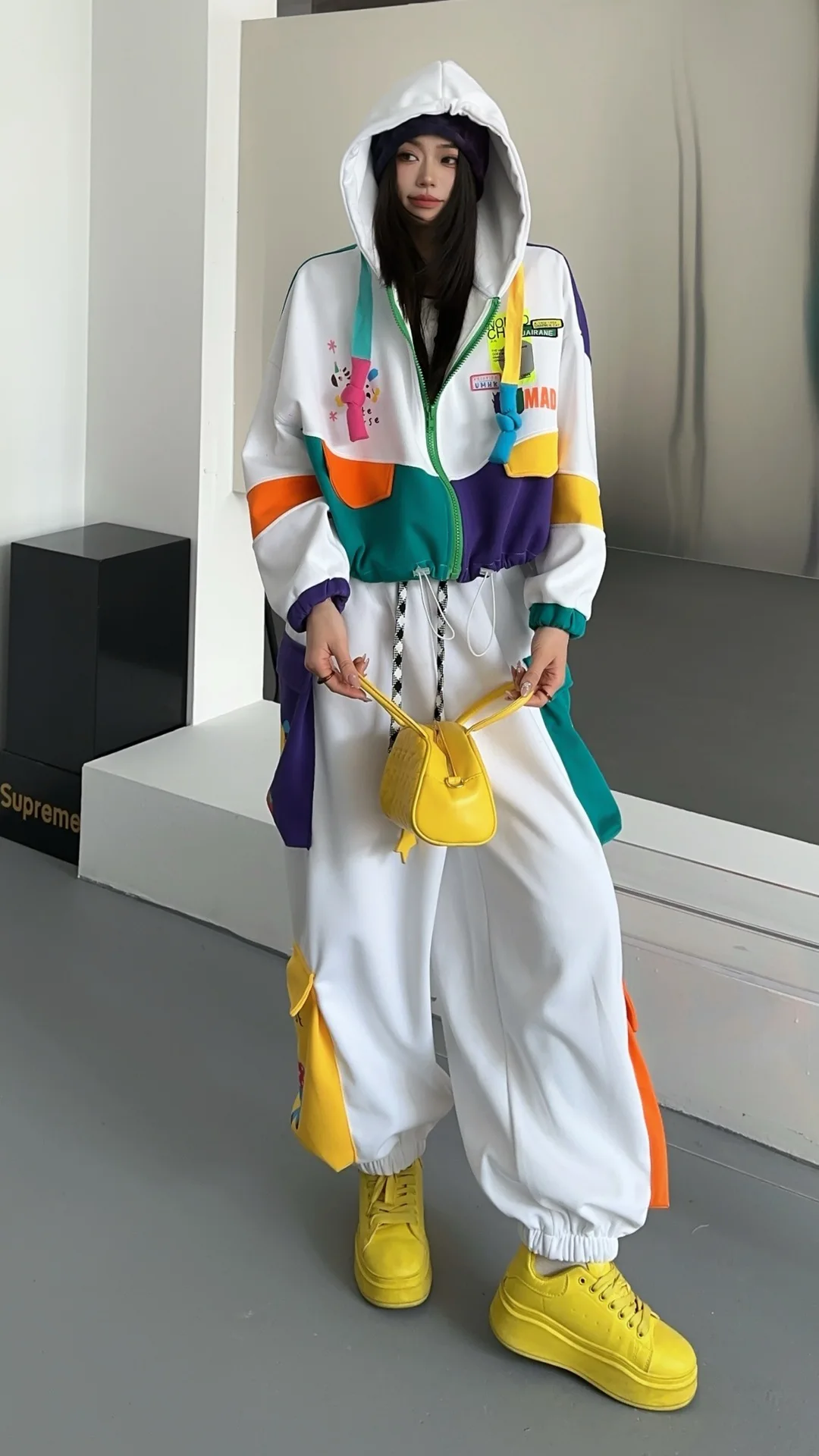 Multicolour Patchwork Hooded Sweatshirt and Sweatpants 2 Pieces Sets Women Outfits Casual Oversized Cargo Pants Sets Y2k Bust132
