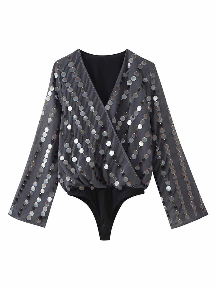 

HH Woman Spring Fashion Trend Long Sleeves V Collar Sequin Decoration Jumpsuit Female Leisure Street Style Versatile Tops