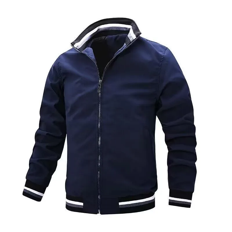 Spring and Autumn Men\'s Zipper White Sports Baseball Jacket Youth Side Seam Insert Bag Non hooded Coat Men\'s Casual Jacket 2024