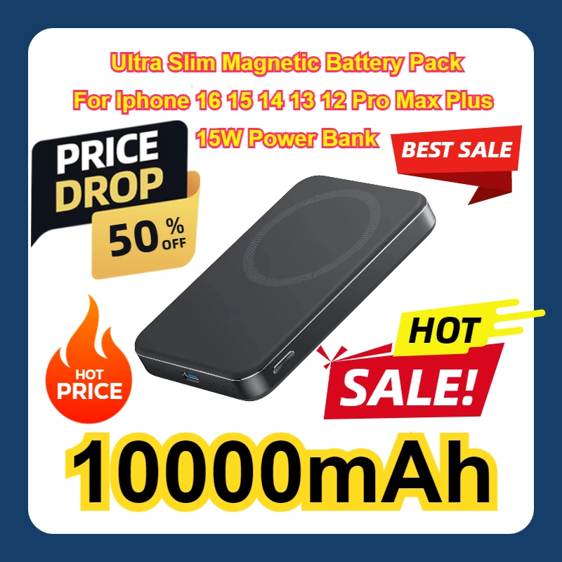 

Portable 10000mAh Ultra Slim Magnetic Battery Pack For Iphone 16 15 14 13 12 Pro Max Plus 15W Power Bank