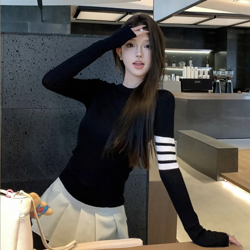 

Autumn Winter Vintage Striped Long Sleeve Pullovers Women Clothing Fashion Simple Commute Sweaters Elastic Slim Knitted TopsAutu