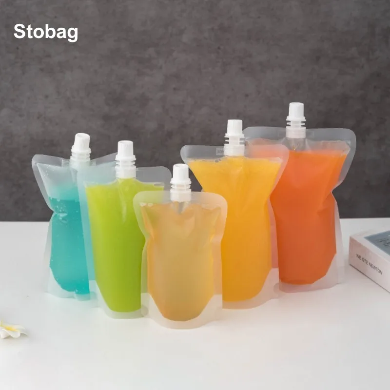 

StoBag 100pcs Frosted Matte Drinking Nozzle Bags Liquid Packaging Clear Milk Juice Beverage Sealed Storage Reusable Pouches