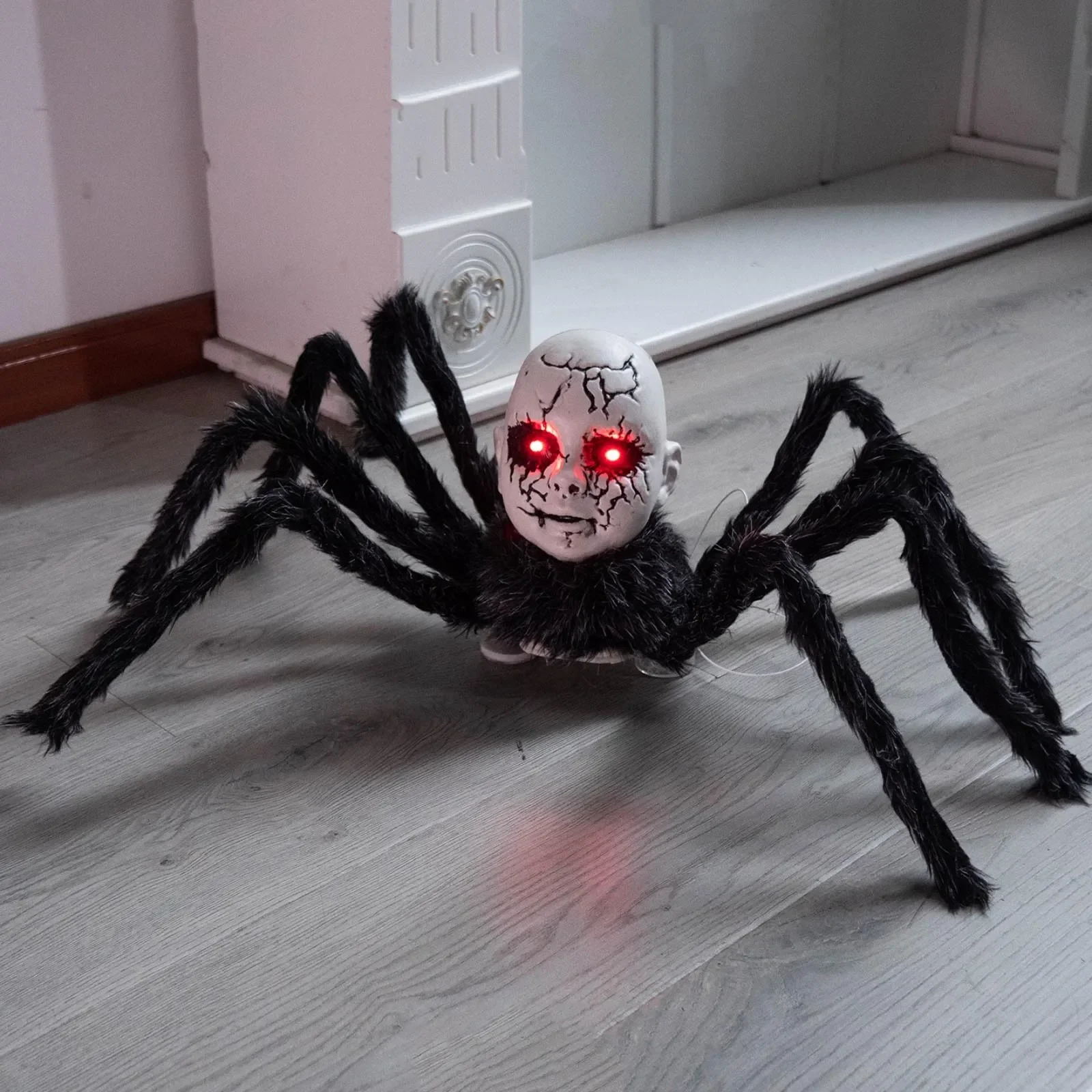 Animatronic Doll Face Spider Motion Activated Glowing Eyes Sound Control Halloween Scary Walking Toy Haunted House Prop