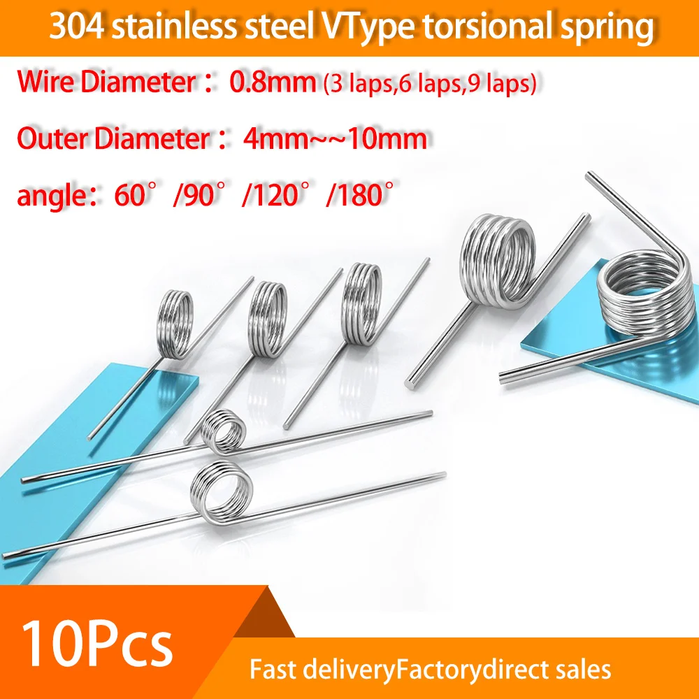 10Pcs 304 Torsional Spring 0.8mm Wire Diameter V Type Spring 4mm - 10mm Outside Diameter 60/90/120/180 Degree Reset Springs