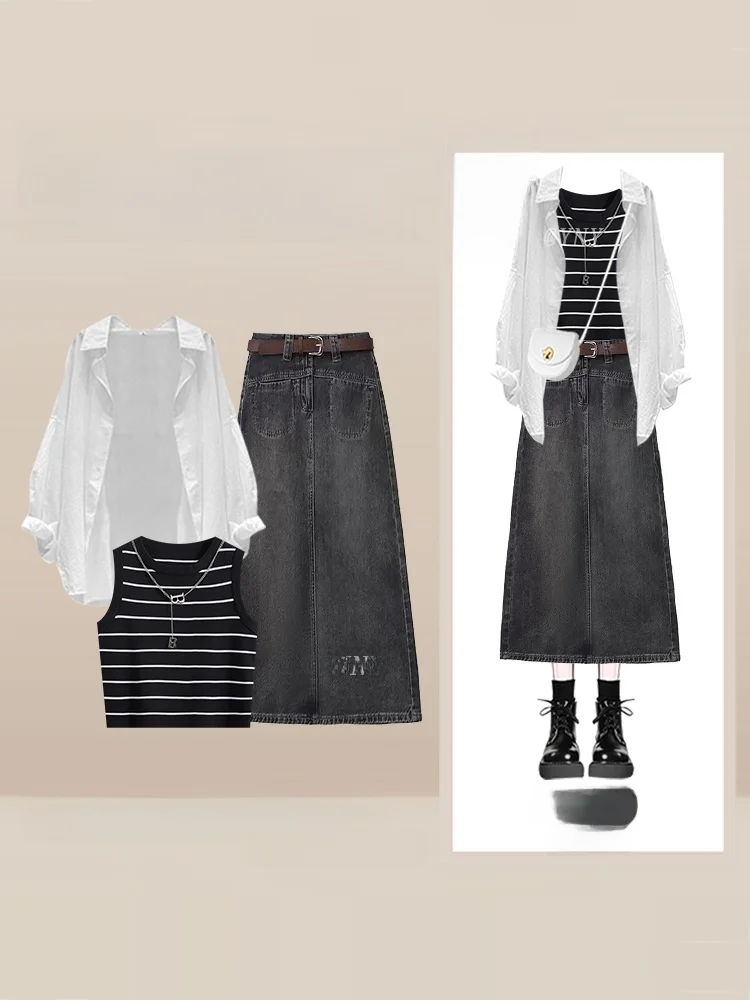 

Корейский женский Long Sve irt, осень 2024, облегающий полосатый жилет, топ с джинсовой юбкой, комплект футболок Faion