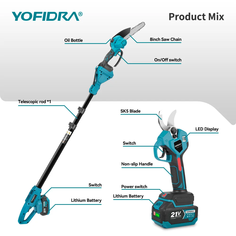 YOFIDRA 4-in-1 bürstenloser Hochteleskopstab 8-Zoll-Kettensägen-Astschere 32-mm-Schere Garten- und Holzbearbeitungs-Astschneidewerkzeug für Makita 21V Akku – Detail 5