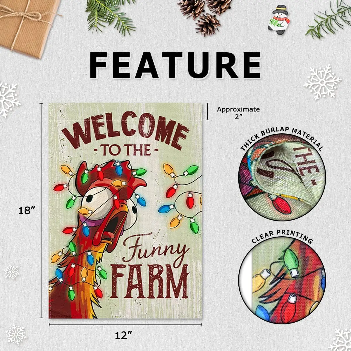 Christmas Welcome Flag - Fun Xmas Farmhouse Animal with Holiday Lights Garden Flags - Rustic Chicken Coop Décor Outside - We SSL - view 3