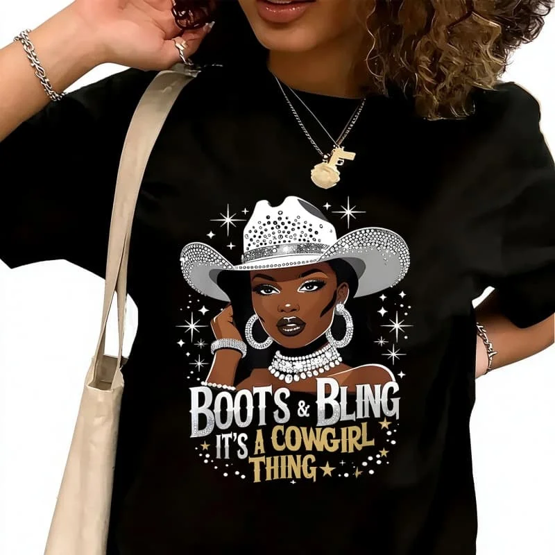 Boots And Bling It'S a Cowgirl ThingWomen's T-Shirt 100% Cotton Funny Graphic Short Sleeve Tee Novelty Shirt Casual Crew Neck Top S-5XL