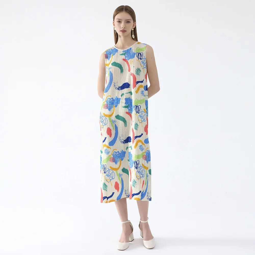 Miyake Plissee Kleid 2025, Frühling Sommer Neue Handgemalte Ölgemälde Druck Kleid Frauen Französisch Retro Taille Dünne Lange Kleider