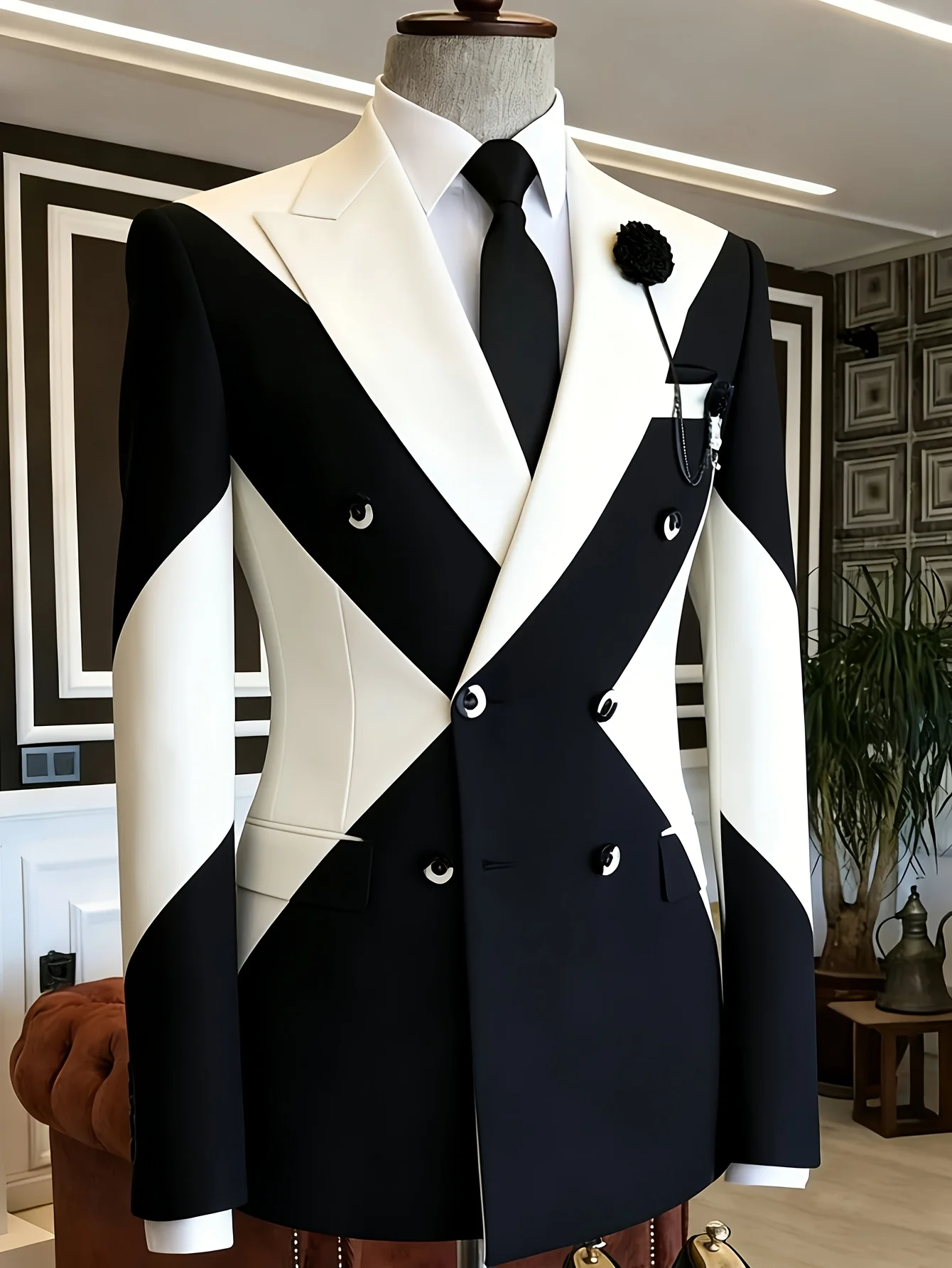Men Business Casual Blazer Color Block Double Breasted Lapel Flower Brooch Slim Fit Wedding Suit Groom Stage Formal Tuxedo Jacke