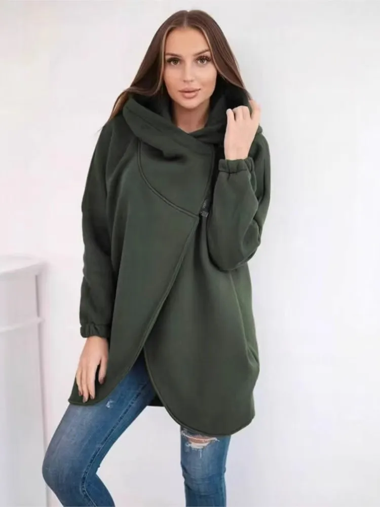 Fashion Hooded Sports Fleece Sweatshirt Casual Long-sleeved Zipper Jacket Women's Solid Color Jacket Autumn Loose Holiday Hoodie